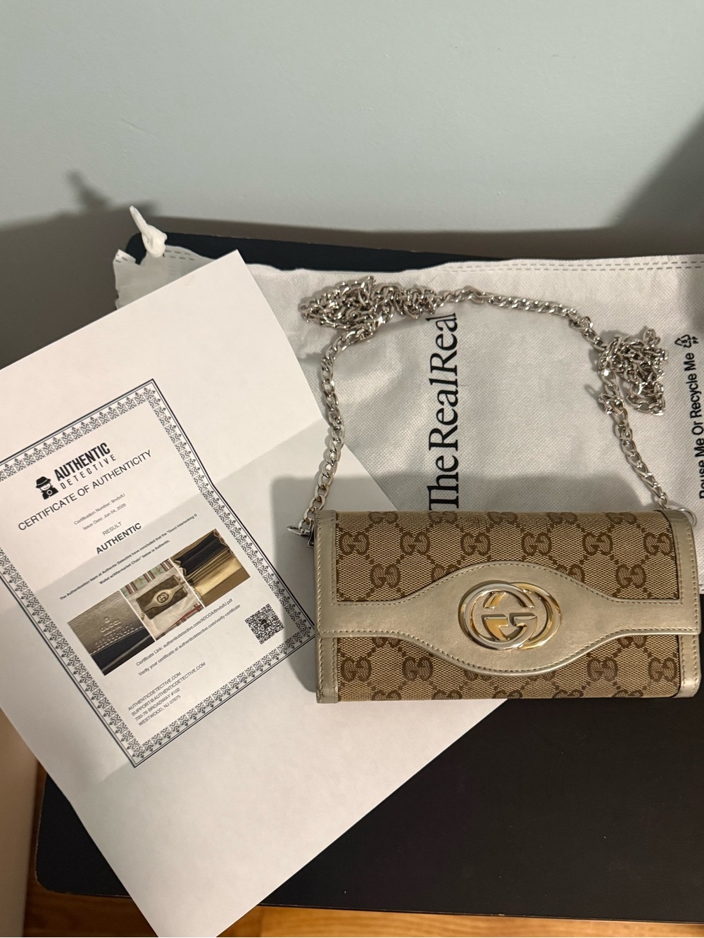 Gucci Beige Brown GG Canvas Chain Crossbody Bag with Gold Tone Hardware